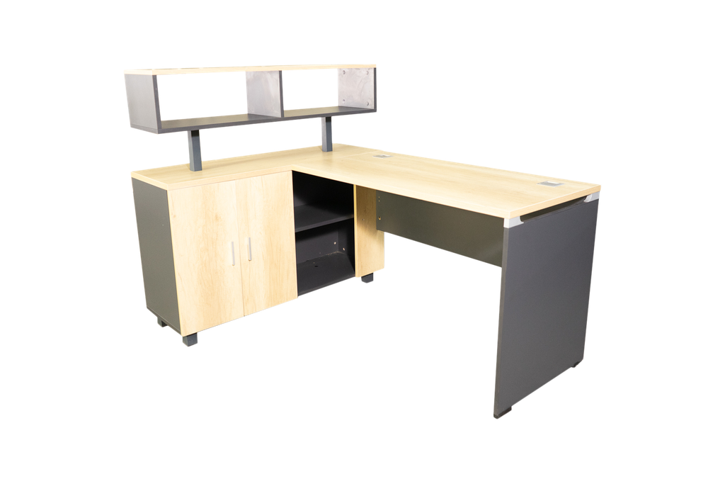 [OZ-TS01M]Estacion de trabajo para 1 persona con retorno medidas de la estacion de trabajo: 63" Largo frente X 24"Prfundiad cubierta de trabajo X 29.5" altura piso a cubiert de trabajo medidas del retorno: 47.2" X 15.7" X 47.2" en color maple con gris linea AJN™