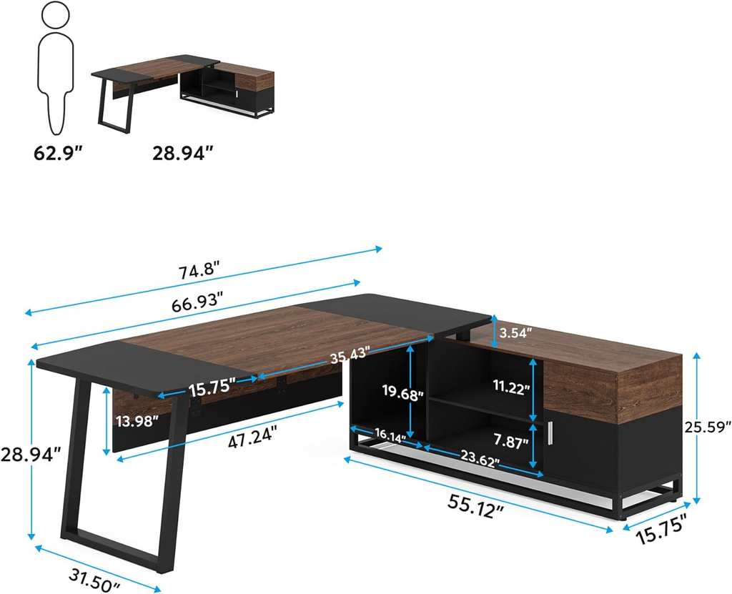 Escritorio grande en forma de L, escritorio ejecutivo de 67" con archivador lateral de 55"