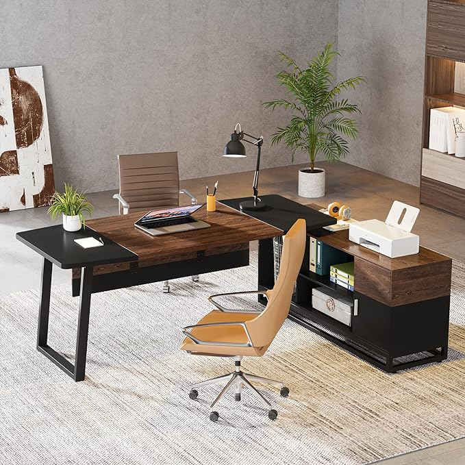 Escritorio grande en forma de L, escritorio ejecutivo de 67" con archivador lateral de 55"