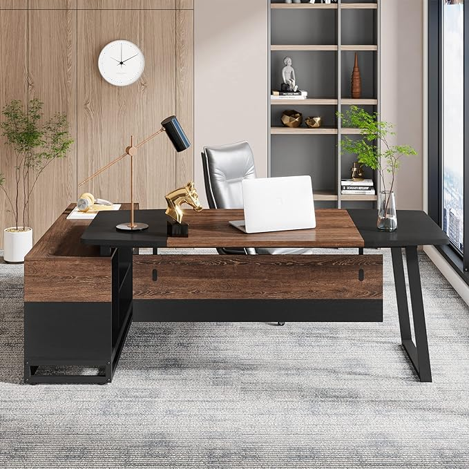 Escritorio grande en forma de L, escritorio ejecutivo de 67" con archivador lateral de 55"