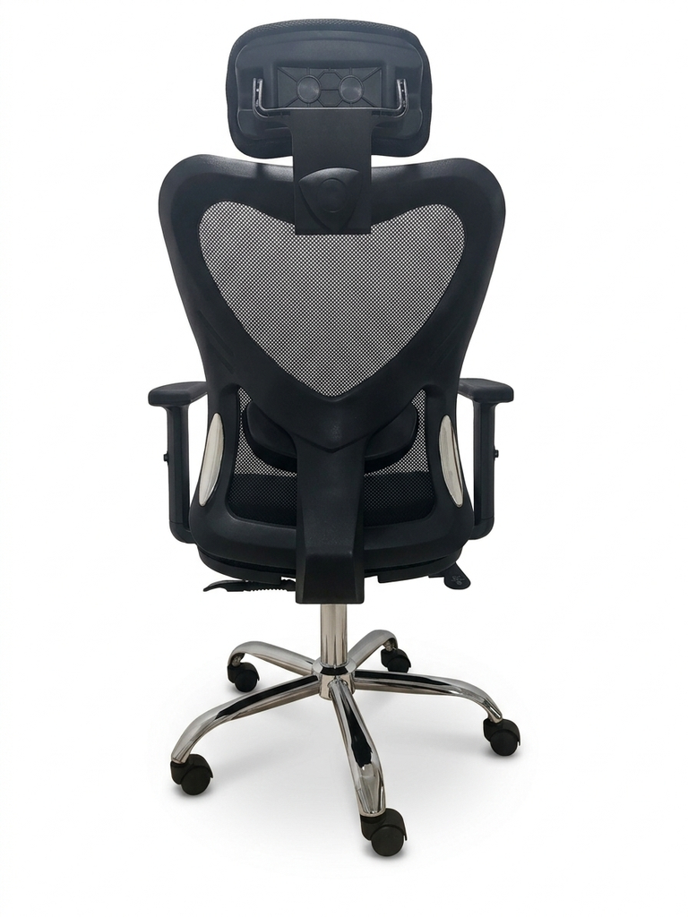 Silla de malla con descansa brazos fijos, reposa cabezas ajustable y base en cromo 