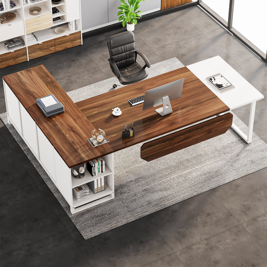 Escritorio grande en forma de L, escritorio ejecutivo de 70,87" con archivador de 55"