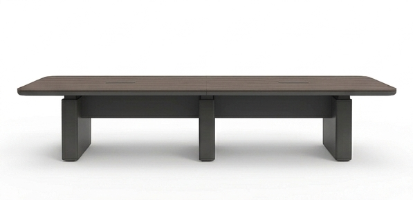 Mesa de sala de juntas rectangular color gris con dimensiones de 125.98" de largo x 47.24" de ancho x 29.52" de alto