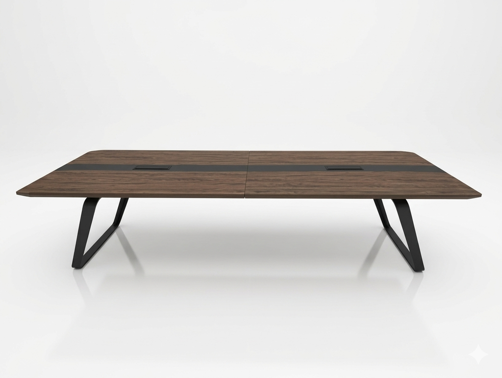Mesa de juntas ejecutiva medidas de 125” L x 47.24” Ancho x 29.5” alto color nogal americano.