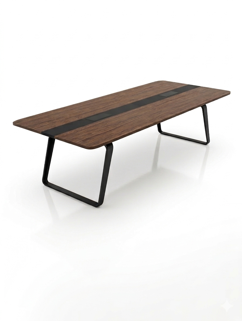 Mesa de juntas ejecutiva medidas de 125” L x 47.24” Ancho x 29.5” alto color nogal americano.