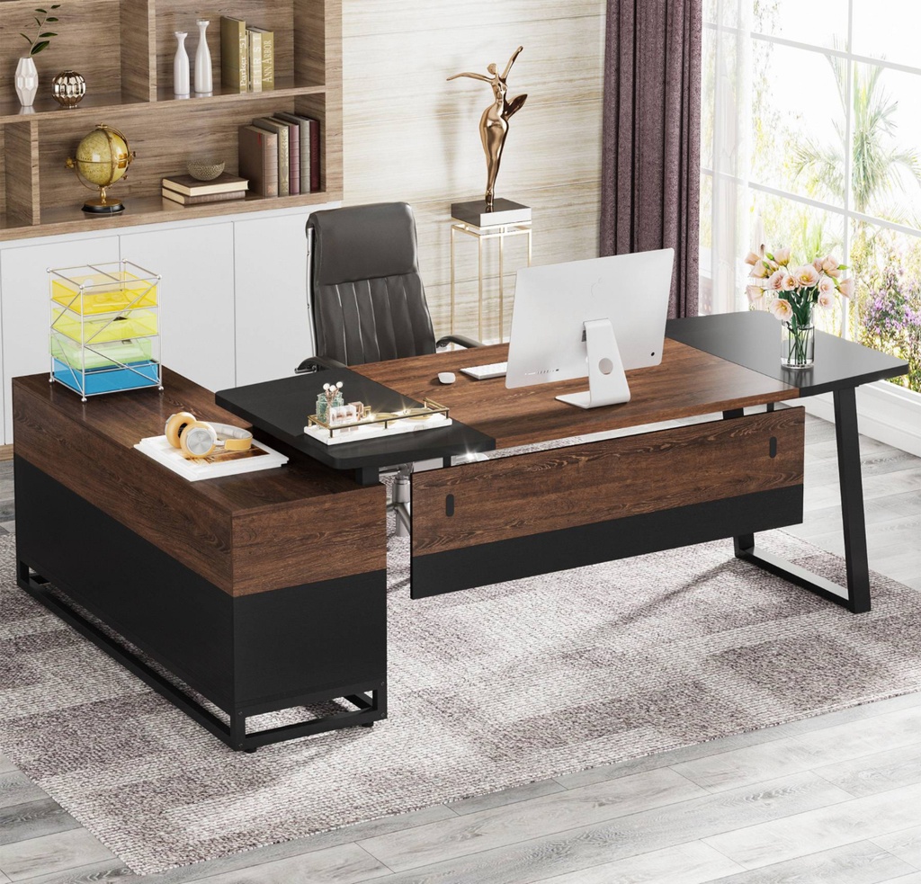 [HOGA-XK00106]Escritorio grande en forma de L, escritorio ejecutivo de 67" con archivador lateral de 55"