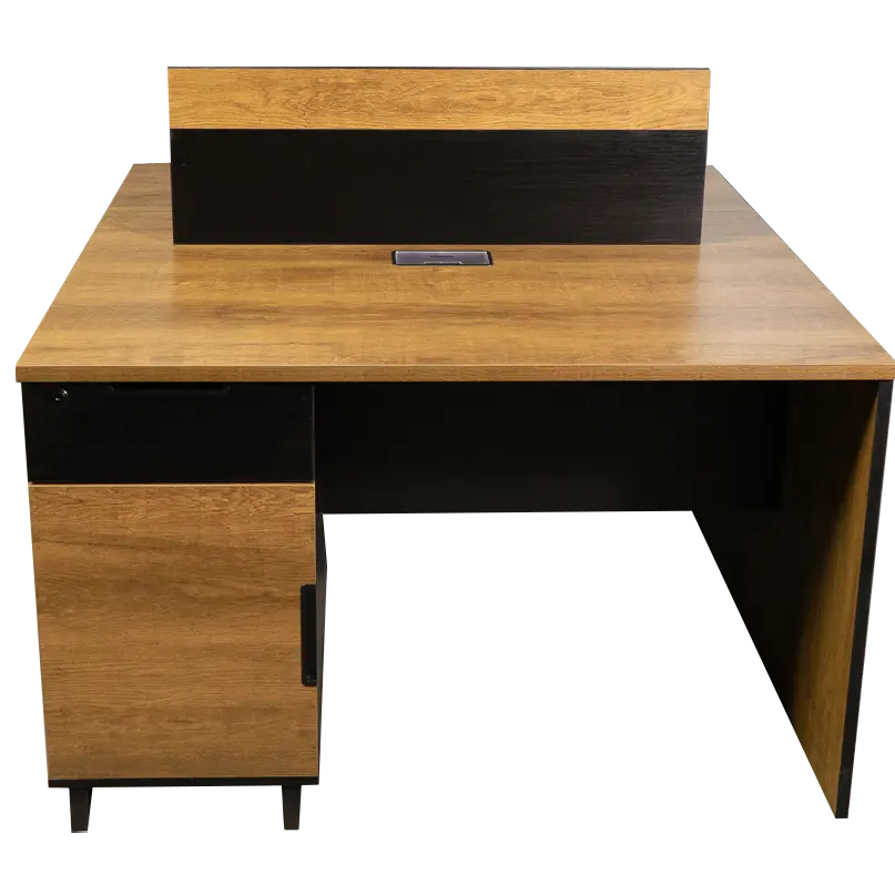 Estación  de trabajo para 2 personas color café roble con negro con cajonera con llave AJN Furniture™ Medidas: 120cm largo x 120cm ancho x 75cm alto