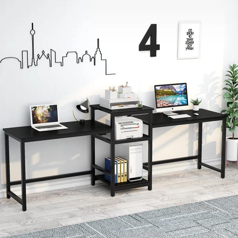 Escritorio doble de 96.9 pulgadas con estante para impresora, mesa de trabajo extra larga para dos personas con estantes de almacenamiento, escritorio de oficina grande, escritorio de estudio para oficina en casa y oficina