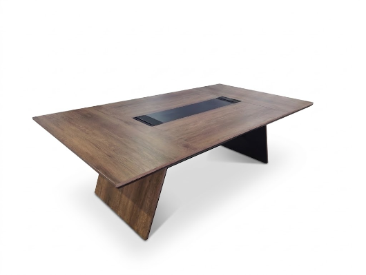 Mesa de juntas en color café roble, incluye dos paneles de conectividad AJN Furniture™ Medidas: 317cm largo x 140cm ancho x 75cm alto