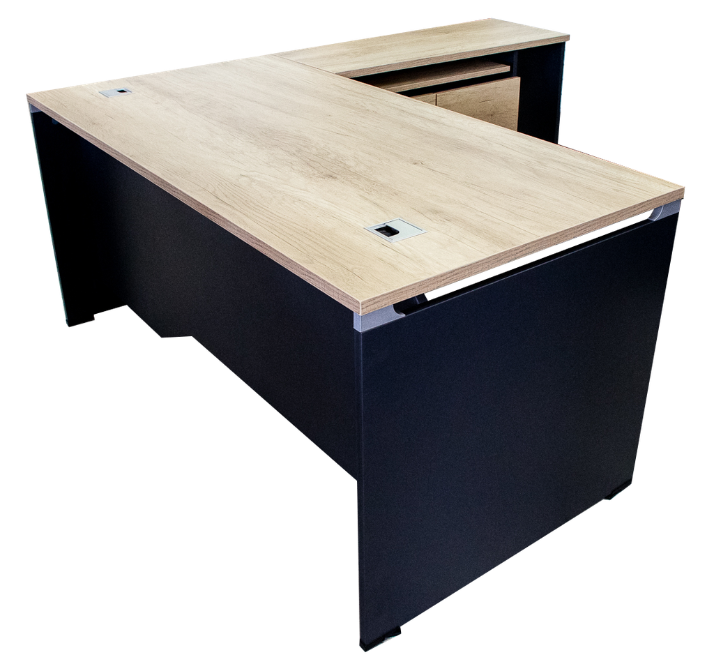 Escritorio en L color maple con gris con faldón y pasacables AJN Furniture™                                                         Medidas: 160cm largo x 160cm ancho x 75cm alto