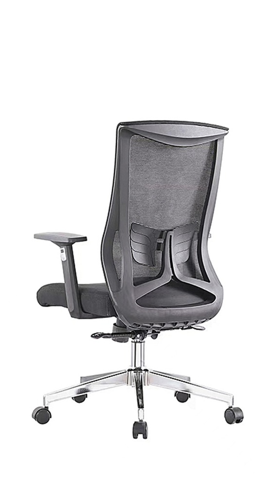 Silla de malla con descansa brazos fijos, respaldo reclinable, y base en cromo