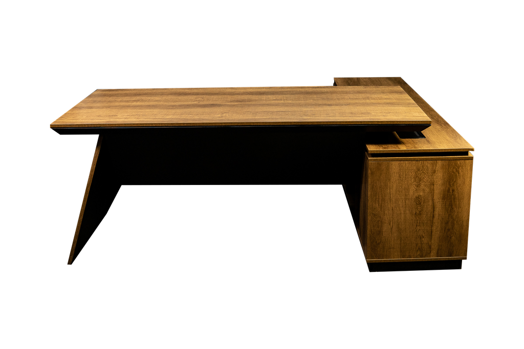 Escritorio en forma de L ejecutivo color café roble con negro lado izquierdo AJN Furniture™ Medidas: 200cm largo x 90cm ancho x 75cm alto Retorno: 200cm largo x 50cm ancho x 63cm alto