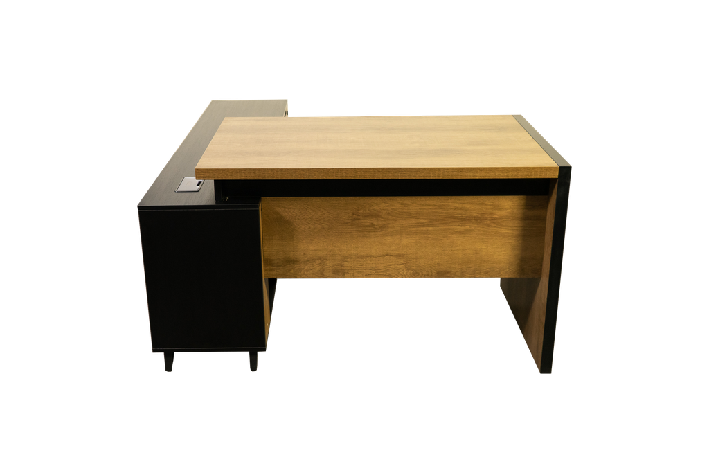 Escritorio en forma de L color café roble con negro, retorno lado izquierdo o derecho AJN Furniture™                       Medidas: 160cm largo x 70cm ancho x 75cm alto Retorno: 160cm largo x 40cm ancho x 63cm alto 