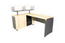Escritorio de trabajo color maple con gris con retorno almacenamiento y repisa montable AJN Furniture™                                                  Medidas: 160cm largo x 60 cm ancho x 75cm alto Retorno: 120cm largo x 40cm ancho x 75cm alto 