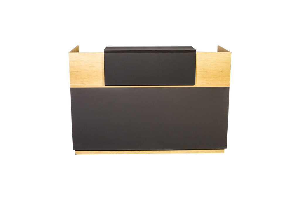 Recepcion sin pedestal con medidas: 62.99" Frente X 23.62" Profundidad X 43.3" Altura en tono maple con gris linea AJN™