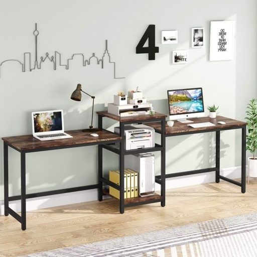 Escritorio doble de 96.9 pulgadas con estante para impresora, mesa de trabajo extra larga para dos personas con estantes de almacenamiento, escritorio de oficina grande, escritorio de estudio para oficina en casa y oficina